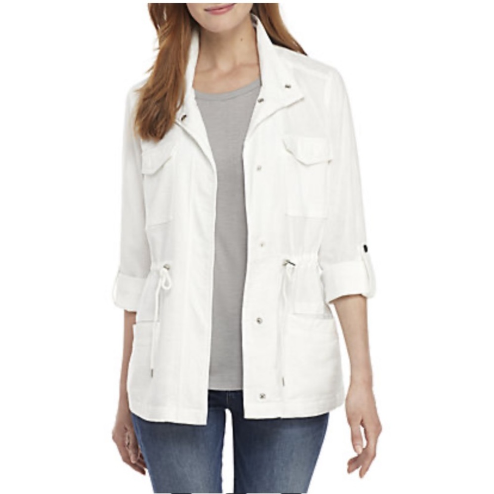 New Directions Women's White Linen Blend 3/4 Sleeve Jacket